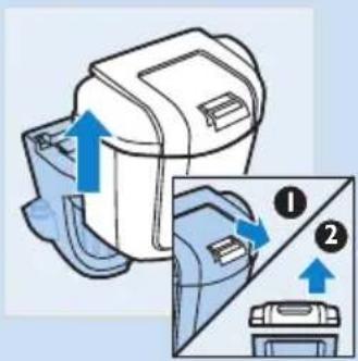 Diagram showing a device with blue arrows indicating directional movement, labeled with numbers ① and ②.