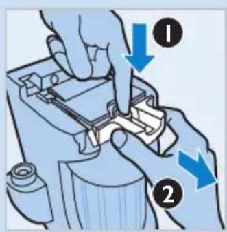 Diagram showing a hand using a tool to adjust or install a mechanical component, with labeled parts ① and ② indicating directional changes.