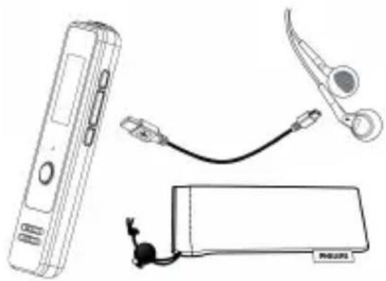 Line drawings of electronic devices including a digital recording device, cable, and a battery (no text or symbols)