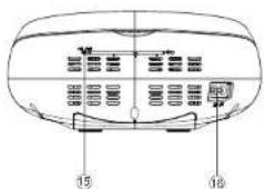 Technical diagram of a device rear panel with labeled ports and dimensions