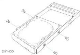 Technical line drawing of a rectangular electronic housing with mounting holes and a 2.5" HDD label (no text or symbols on the diagram itself)