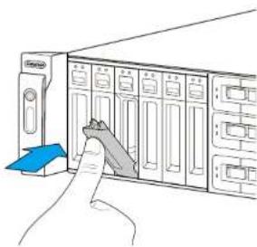 Illustration of a hand cleaning server rack with a blue arrow pointing to the rack (no text or symbols)