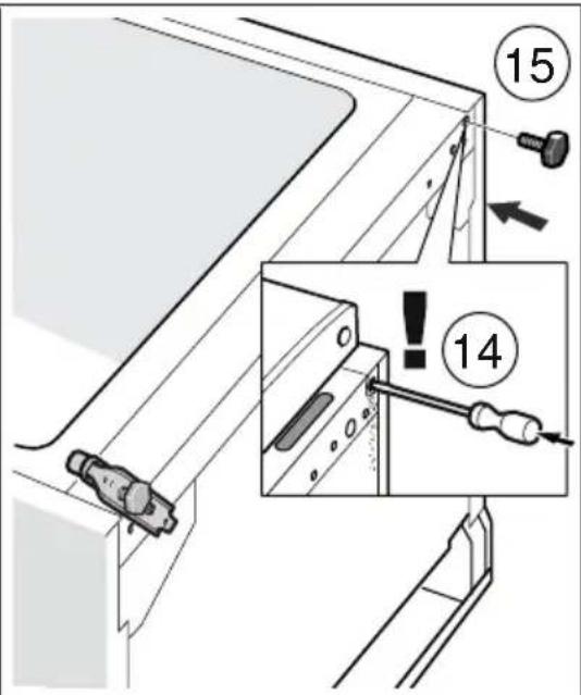 Technical diagram showing mechanical assembly with numbered components and warning indicators.