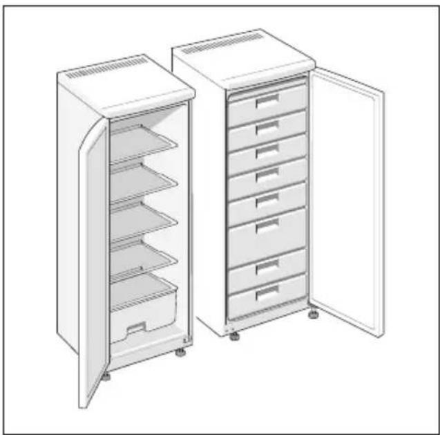 Illustration of two white refrigerator units with open doors, showing front and side views (no text or symbols).