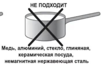 НЕ ПОДХОДИТ Медь, алюминий, стекло, глиняная, керамическая посуда, немагнитная нержавеющая сталь