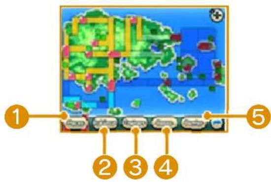 Game interface screenshot with numbered UI elements pointing to a 3D terrain map and game controls