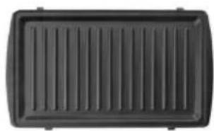 Black rectangular object with horizontal slats, resembling a food tray or container (no text or symbols visible)