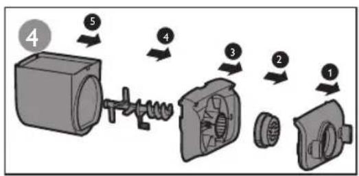 Diagram showing a mechanical assembly with numbered components and directional arrows indicating motion or sequence.