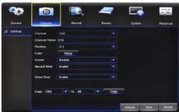 Screen Options Record Delete System Advanced Settings Channel: CM Channel Name: CM Position: 0.1 Color: Setup Cancel: Enable Macrol Infra: Enable Show Time: Enable Copy: CM In Alt Close Save Cancel