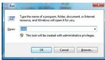 Run Type the name of a program, folder, document, or Internet resource, and Windows will open it for you. Open: cmd This task will be created with administrative privileges. OK Cancel Browse...