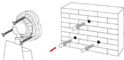 Technical line drawing showing a mechanical assembly and brick wall installation (no text or symbols)