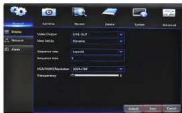 Display Networks Alerts Video Output VUE-OUT View Setup Elements Sequence name Layout Sequence size 5 VGA/MSI Resolution 0234-768 Transparency 0 Default New Cancel