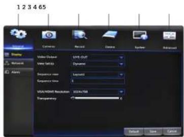1 2 3 4 65 Display Networks Alerts Camera Record Camera System Advanced Video Output EIVE-OUT Video Setup Gamma Sequence size Layout Sequence value 0 VGA/HDMI Resolution 0004/798 Transparency 0 Default Save Cancel