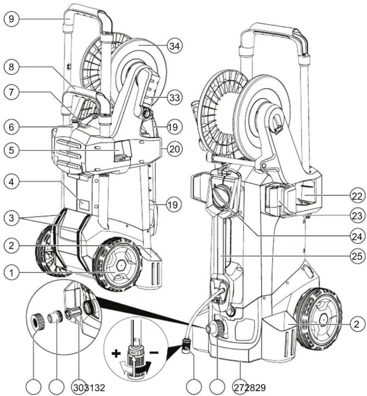 Technical diagram of a mechanical device with numbered parts and exploded view, including labeled parts and internal components.