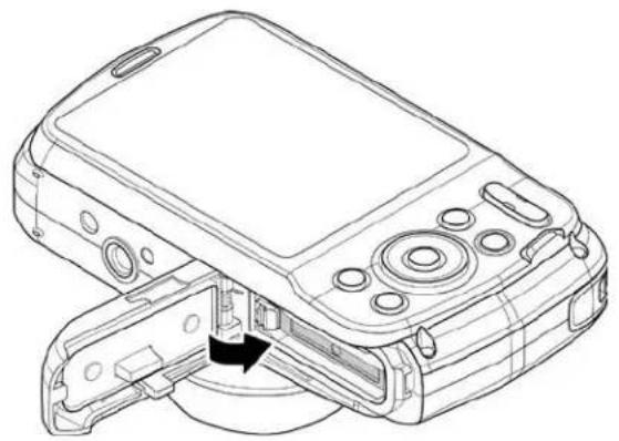 Line drawing of a mobile phone with a camera module inserted, showing internal components and a black arrow indicating the camera's direction (no text or symbols present)