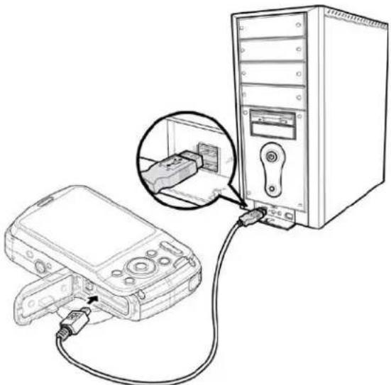 Line drawing of a computer setup with an attached device and a server tower, showing cable connections (no text or symbols)