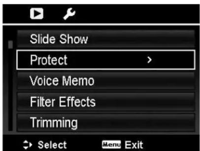Slide Show Protect > Voice Memo Filter Effects Trimming Select Menu Exit