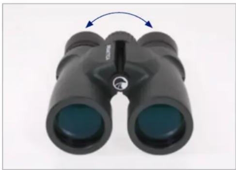 Black binoculars with blue lenses and a blue arrow indicating rotation (no text or symbols)