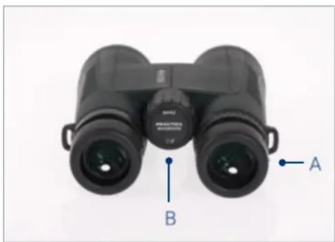 Black binoculars with labeled points A and B, shown against a white background (no text or symbols on the binoculars themselves)
