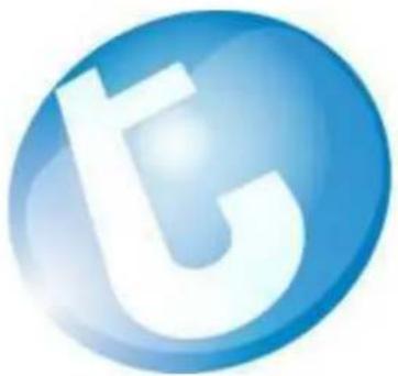 Blue glossy circular icon with a stylized white 't' symbol (no text or numbers)