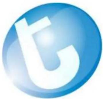 Blue glossy circular icon with a stylized white 't' symbol (no text or numbers)
