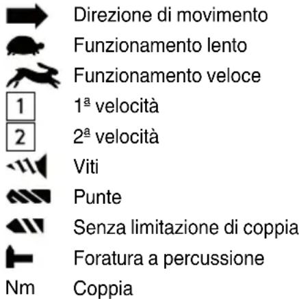 Direzione di movimento Funzionamento lento Funzionamento veloce 1ª velocità 2ª velocità Viti Punte Senza limitazione di coppia Foratura a percussione Nm Coppia