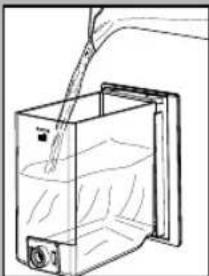 Line drawing of a container with liquid being poured into it, no text or symbols present