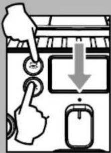 Diagram showing a hand pressing down on a control panel with buttons and a downward arrow indicating action or process.