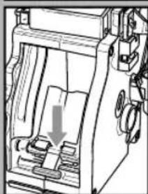 Technical line drawing of a mechanical device with internal components and a downward arrow indicating motion (no text or symbols)