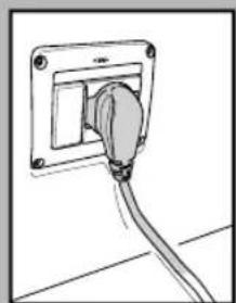 Simple line drawing of a plug inserted into an electrical outlet (no text or symbols)