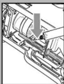 Mechanical assembly diagram showing a hand operating a component with a downward arrow indicating motion (no text or symbols present)