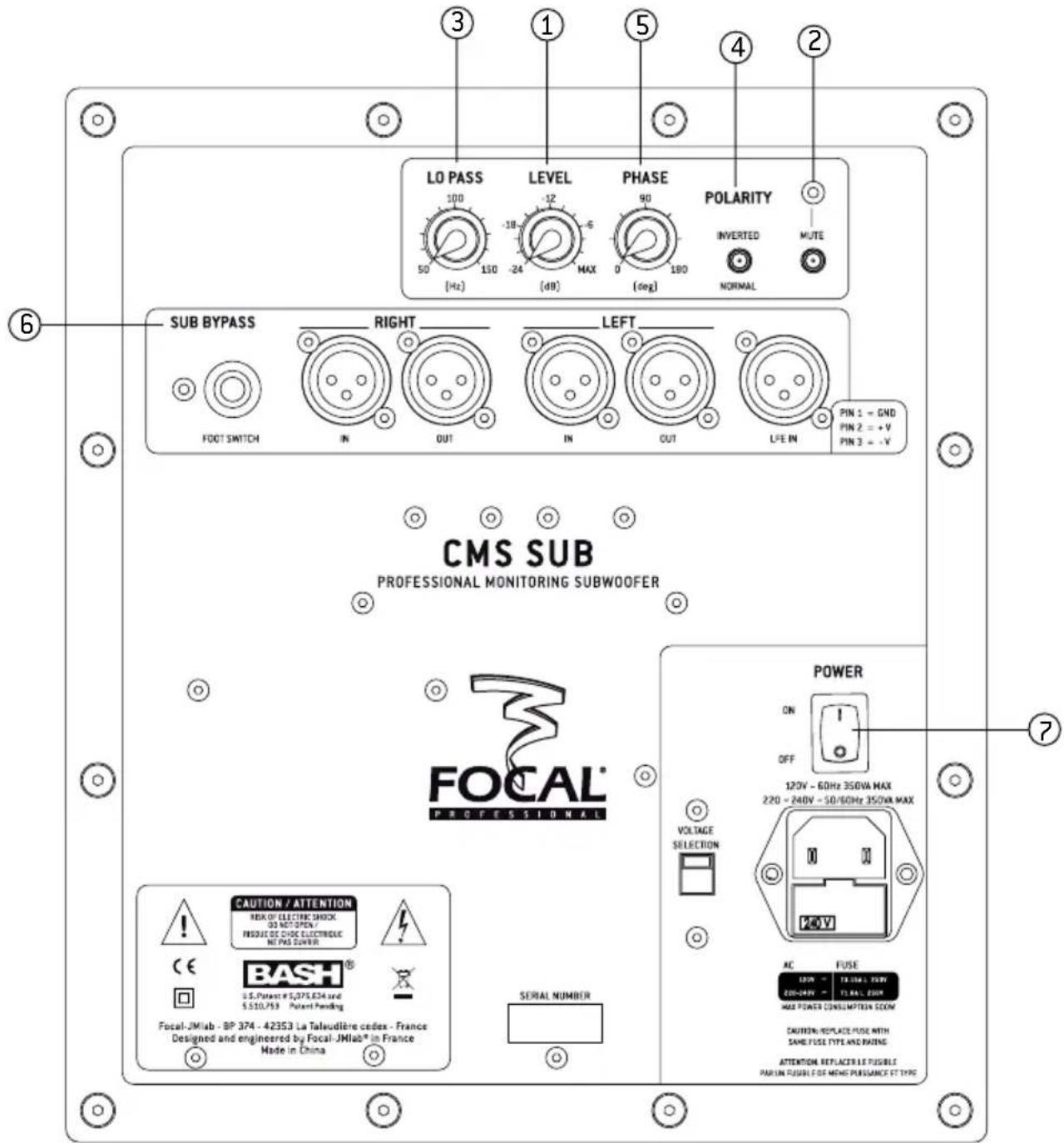 LO PASS LEVEL PHASE POLARITY INVERTED MUTE SUB BYPASS RIGHT LEFT POUT SWITCH IN OUT IN OUT LIFE IN PIN 1 = GND PIN 2 = +V PIN 3 = -V CMS SUB PROFESSIONAL MONITORING SUBWOOFER POWER ON OFF 120V - 60Hz 350VA MAX 220 - 240V - 50/60Hz 350VA MAX VOLTAGE SELECTION AC FUSE LED - 12.0kA 350V LED-240V - 12.0kA 240V MAX POWER CONSUMPTIONS COM CAUTION-REPLACEMENT WITH SAME-FUSE TYPE AND PAINING ATTENTION-REPLACEMENT PLUSIBLE PAR UN FUSIBLE DE MENS PURGANCE ET TYPE Focal-JMIab - BP 374 - 42353 La Talaudière cedex - France Designed and engineered by Focal-JMIab* in France Made in China SERIAL NUMBER