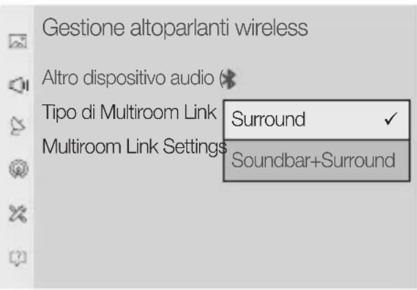 Gestione altoparlanti wireless Altro dispositivo audio Tipo di Multiroom Link Multiroom Link Settings Surround ✓ Soundbar+Surround