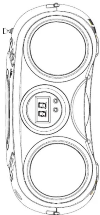 Line drawing of a portable electronic device with two circular ventricles and a digital display (no text or symbols)