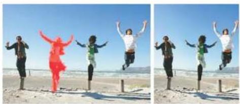 Two photos of people jumping joyfully on a beach under clear sky, one in red costume and the other in green and black (no text or symbols visible)