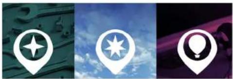 Three white location pin icons on a dark background: star, star, and circular (no text or symbols)