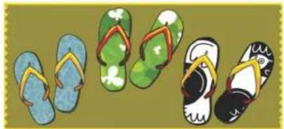 Illustration of five flip-flops in various colors and patterns arranged diagonally on a green background (no text or symbols)
