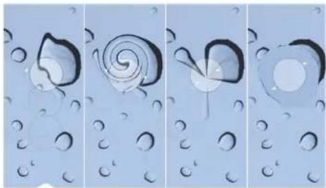 Four-panel illustration showing a spiral object in water with bubbles, no text or symbols present