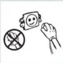 Simple line drawing of a hand holding a smiling face, with a crossed-out prohibition symbol nearby (no text or labels)