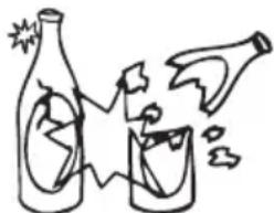 Simple line drawing of a bottle and glass with explosion effects (no text or symbols)