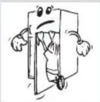 Cartoon illustration of a character inside a door, showing arms and legs (no text or symbols)