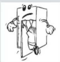Cartoon illustration of a smiling rectangular character with arms and legs, standing inside a doorway.