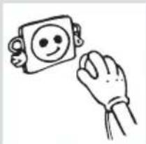 Simple line drawing of a hand holding a smiling emoji-shaped object (no text or symbols).