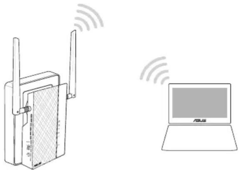Illustration of a wireless router and a laptop with signal waves (no text or symbols)