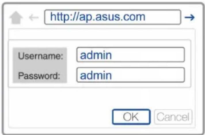 http://ap.asus.com Username: admin Password: admin OK Cancel