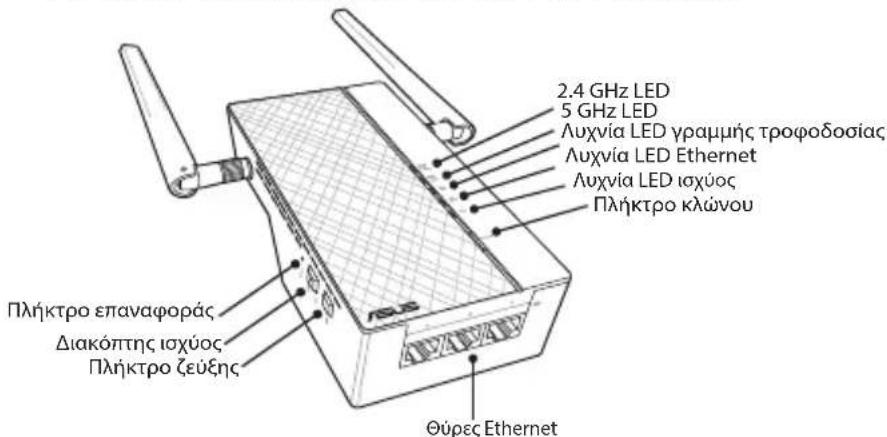 2.4 GHz LED 5 GHz LED Λυχνία LED γραμμής τροφοδοσίας Λυχνία LED Ethernet Λυχνία LED ισχύος Πλήκτρο κλώνου Πλήκτρο επαναφοράς Διακόπτης ισχύος Πλήκτρο ζεύξης Θύρες Ethernet