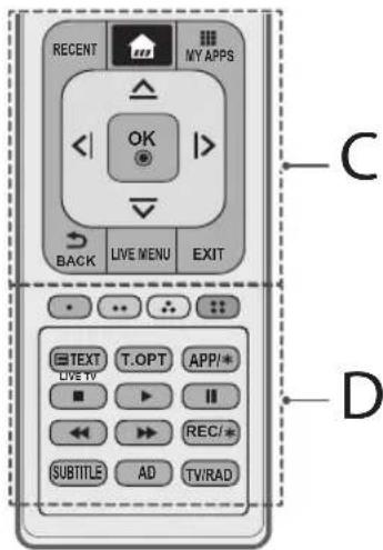 RECENT MY APPS OK BACK LIVE MENU EXIT C TEXT T.OPT APP/* LIVE TV REC/* SUBTITLES AD TV/RAD D