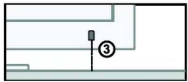 Diagram showing a labeled point '③' on a vertical line within a rectangular area, possibly indicating a step or section.