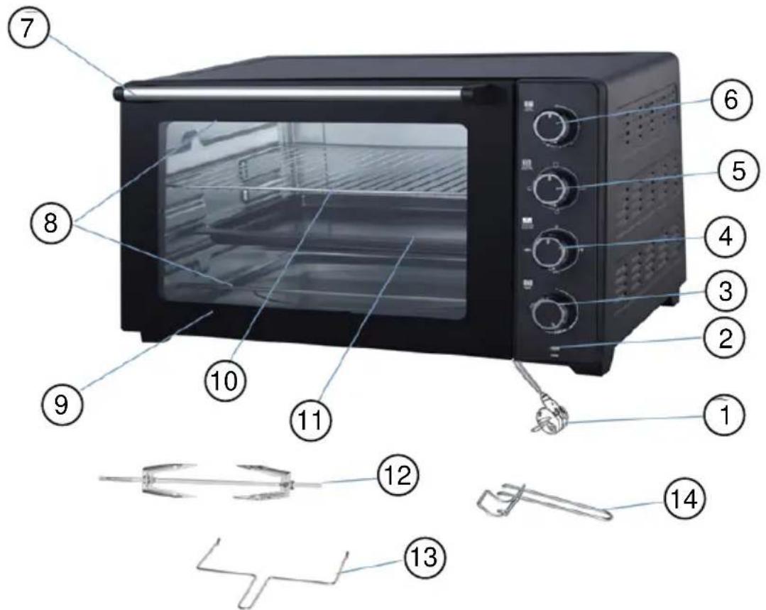 Labeled diagram of a microwave oven with numbered parts for identification and assembly reference.
