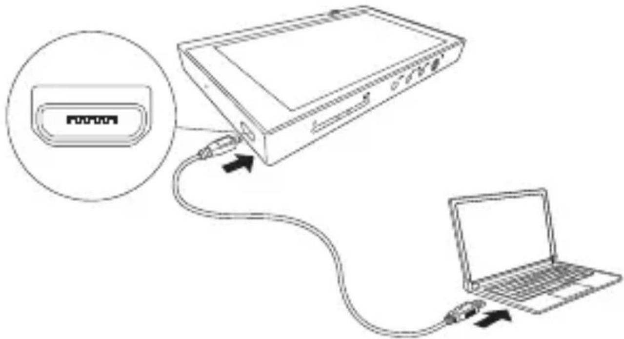Diagram showing connection between a device and a laptop via cable, with an inset image of a device labeled 'F00000'.